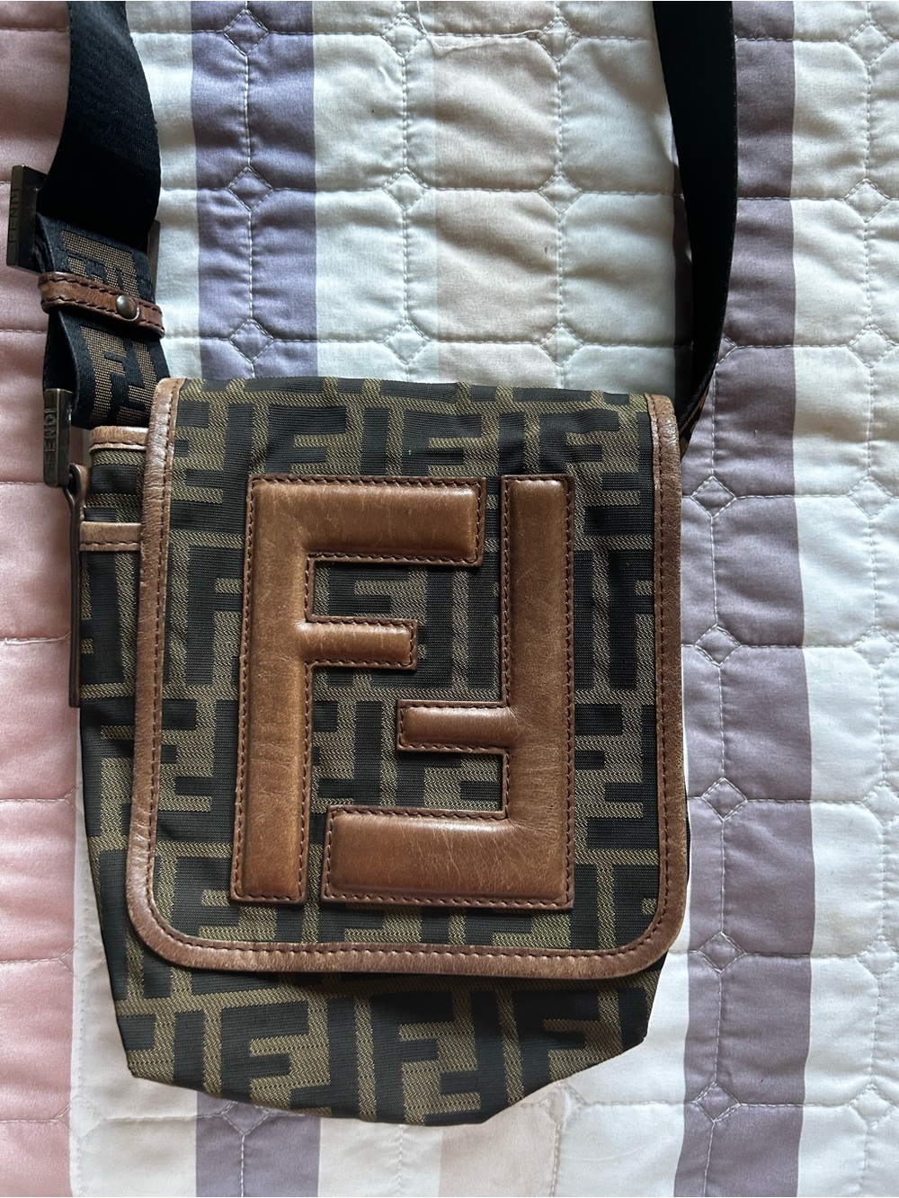 Fendi Brown FF Logo Crossbody Bag with Leather Trim